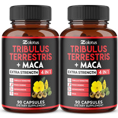 Zolotus tribulus-maca capsules bottle shows a 2-pack for daily energy support.