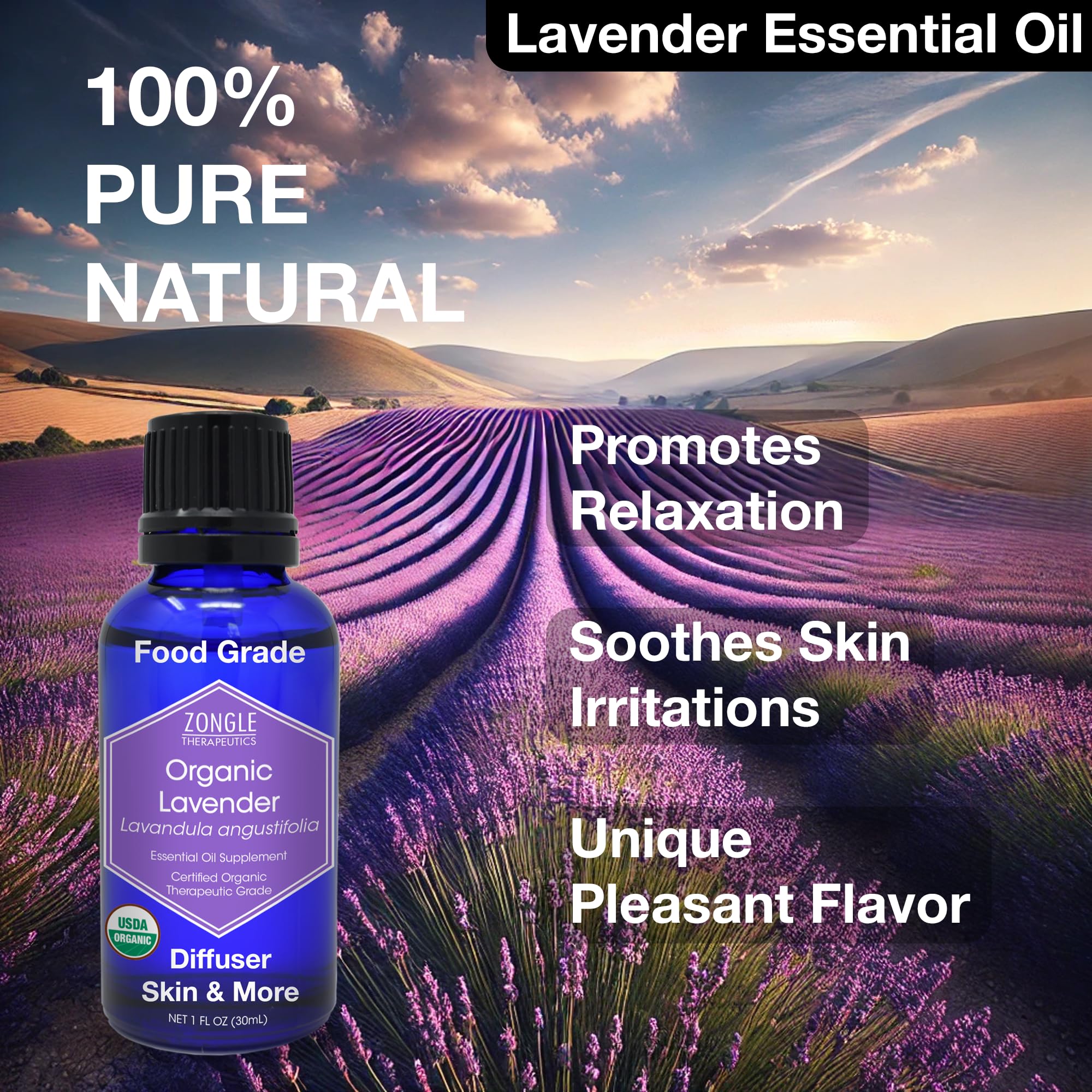 Zongle Lavender Oil used in skincare routine for soothing fragrance.