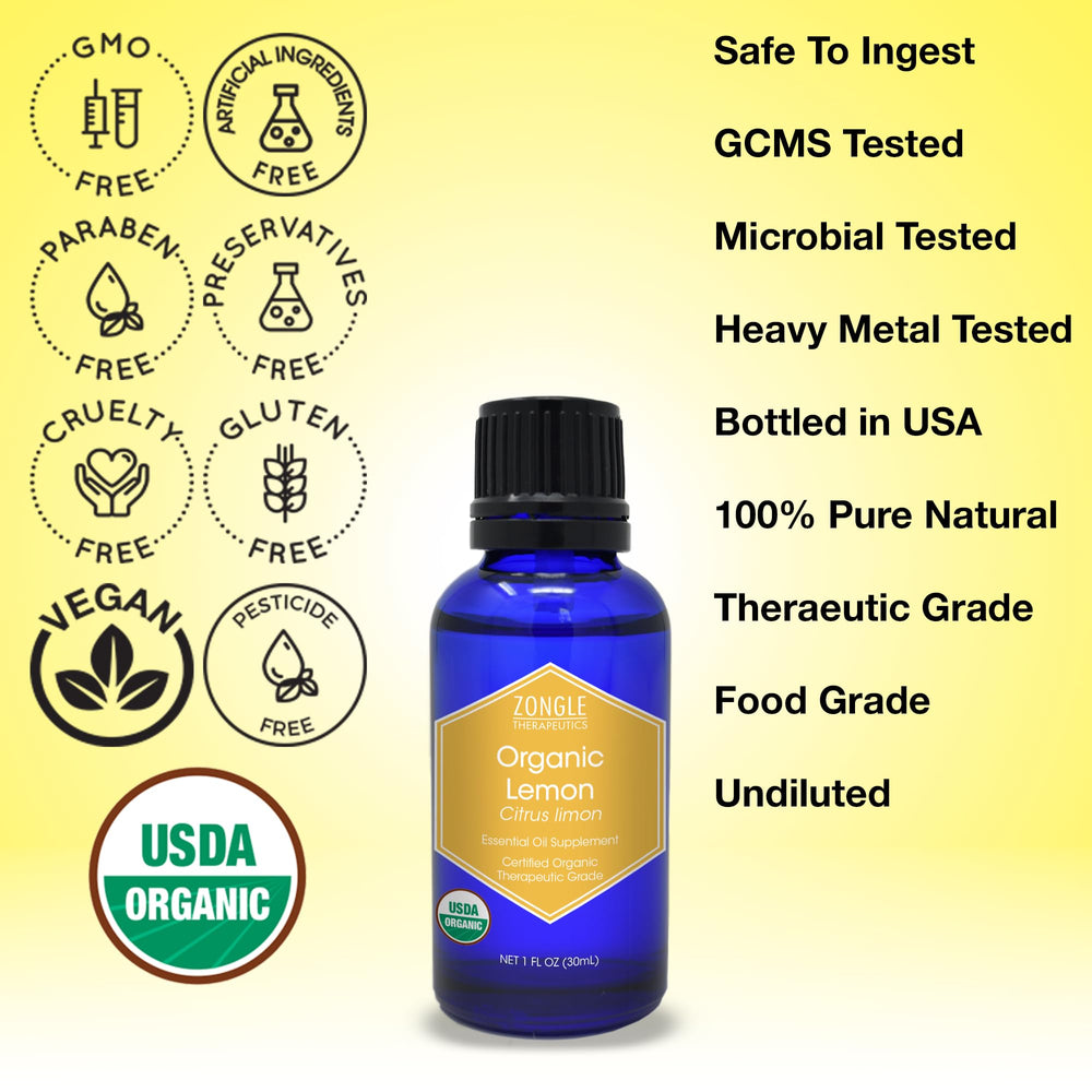 Zongle Therapeutics Lemon Essential Oil dropper shows precise drops for recipes and aroma diffusion.