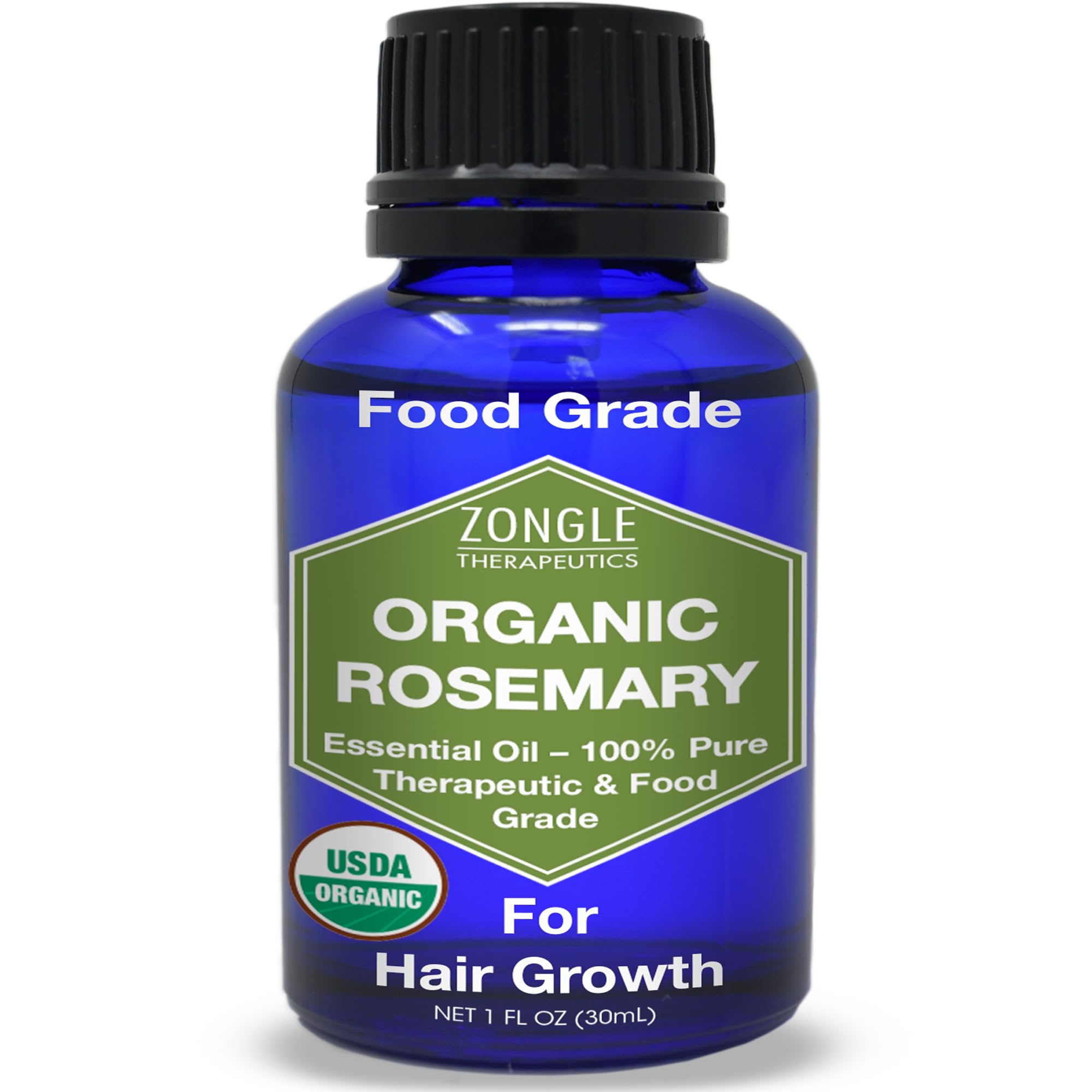 Zongle Therapeutics rosemary oil bottle highlights edible, hair-friendly purity.