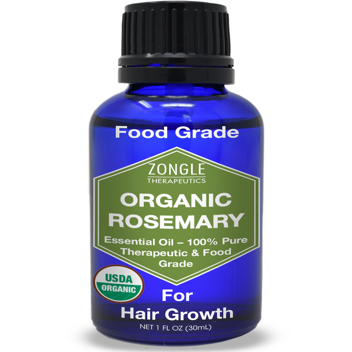 Zongle Therapeutics rosemary oil bottle highlights edible, hair-friendly purity.