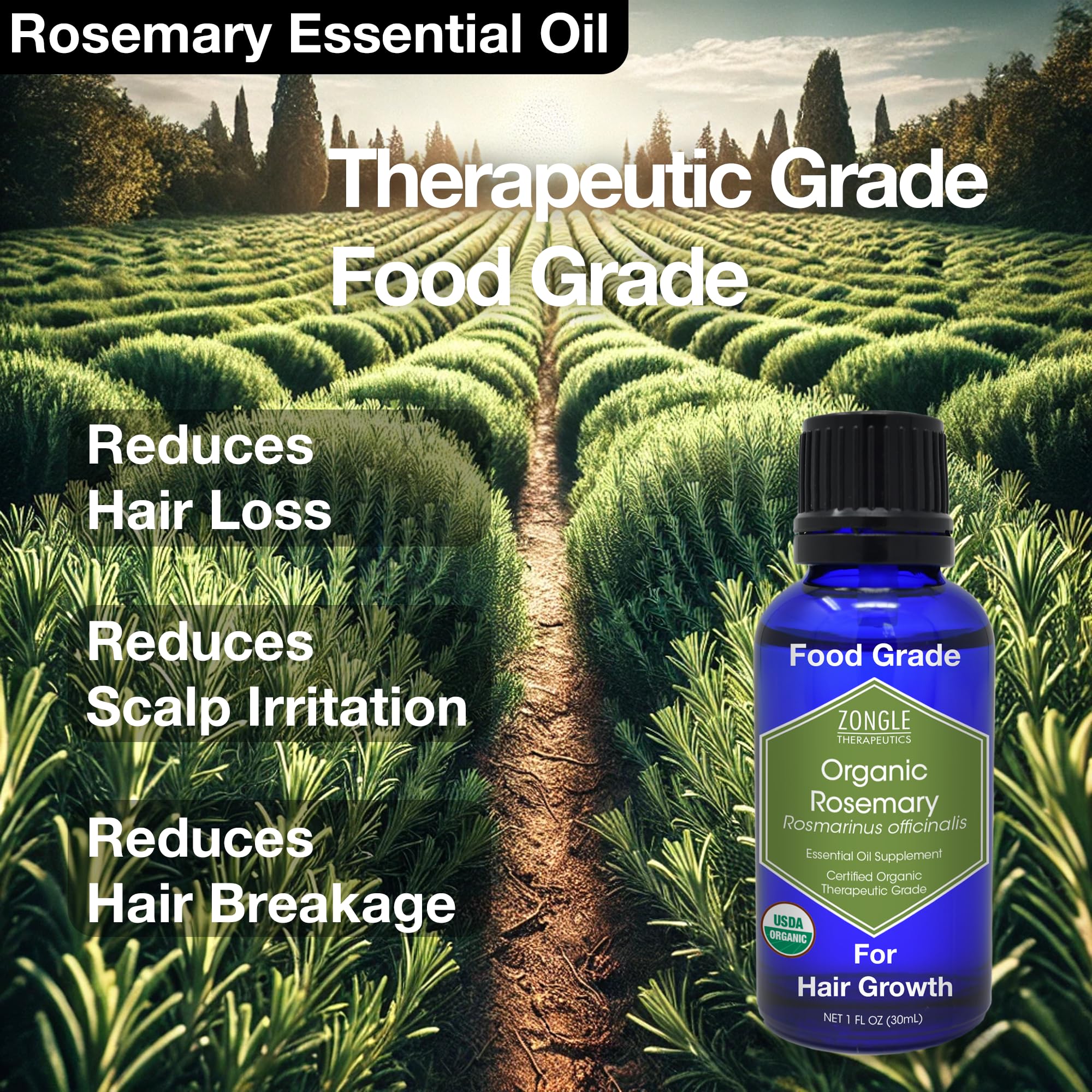 Zongle Therapeutics rosemary oil skincare use with soothing scent.