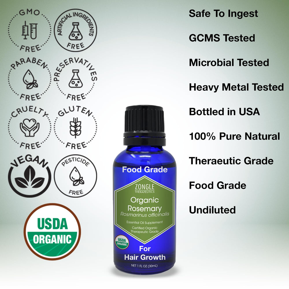 Zongle Therapeutics rosemary oil label emphasizes organic, pesticide-free quality.