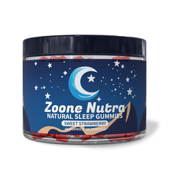 Zoone Nutra Lulla-Bites bottle-front shows strawberry gummies for melatonin-free sleep support.