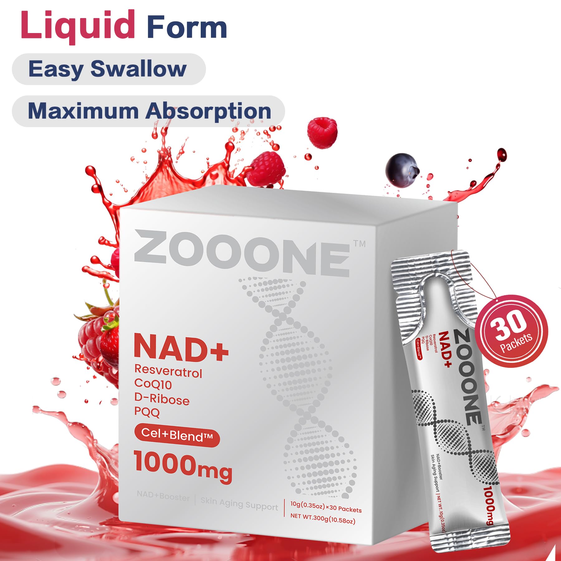 Zooone NAD+ 30-pocket pack enables convenient on-the-go dosing.