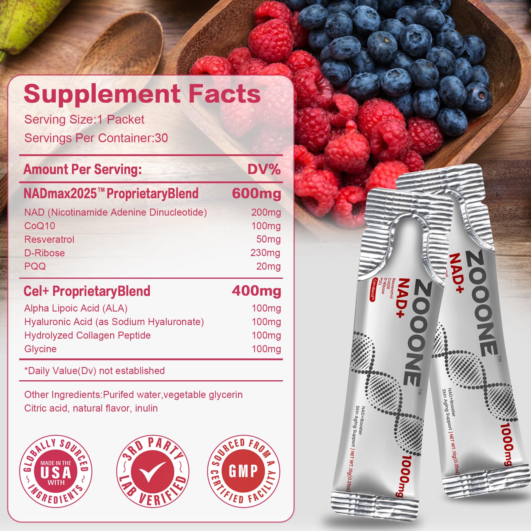 Zooone NAD+ bottle label highlights 600mg per serving and USA-made quality.