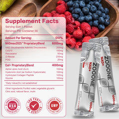 Zooone NAD+ bottle label highlights 600mg per serving and USA-made quality.