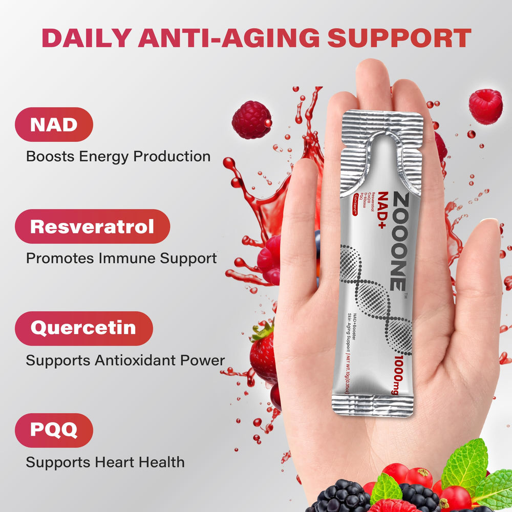 Zooone NAD+ bottle pour highlighting liquid delivery for fast absorption.