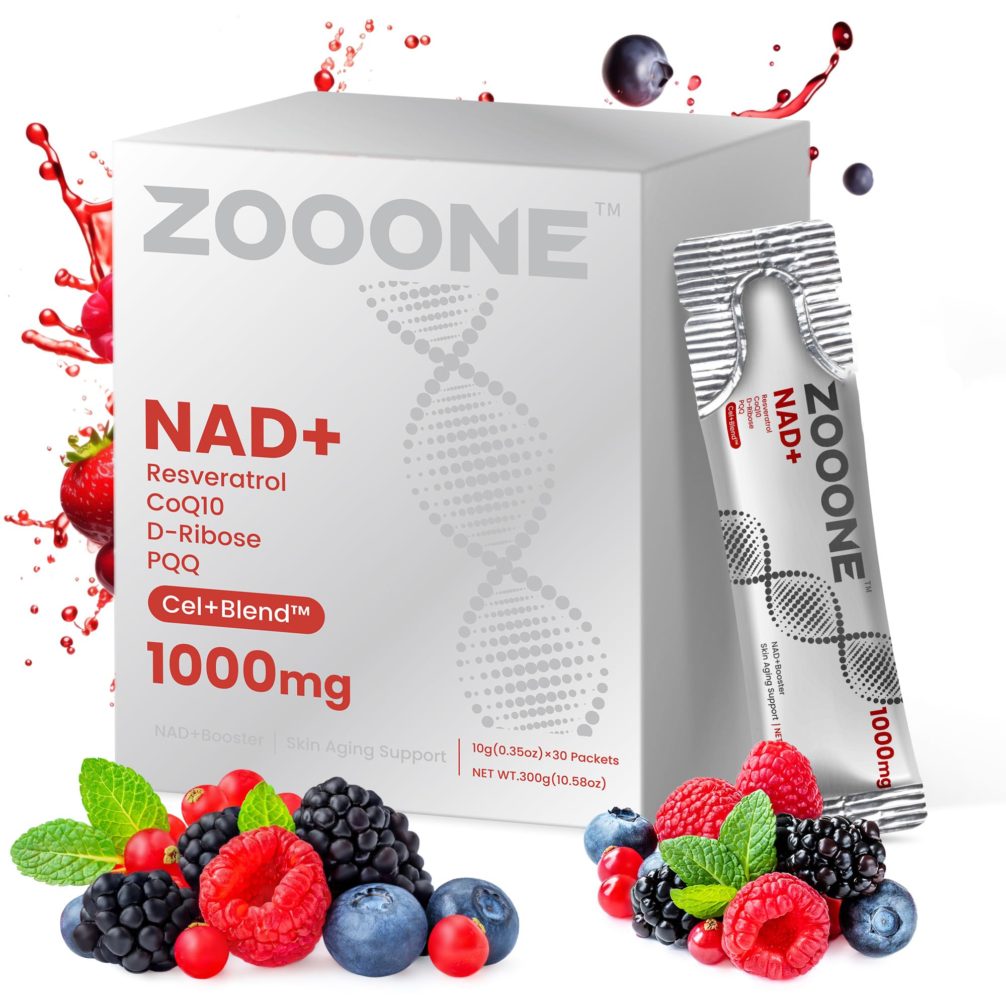 Zooone NAD+ berry liquid packet highlights 30 servings per box.