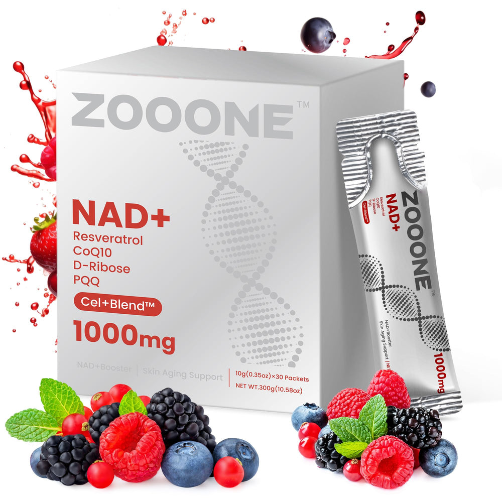 Zooone NAD+ berry liquid packet highlights 30 servings per box.