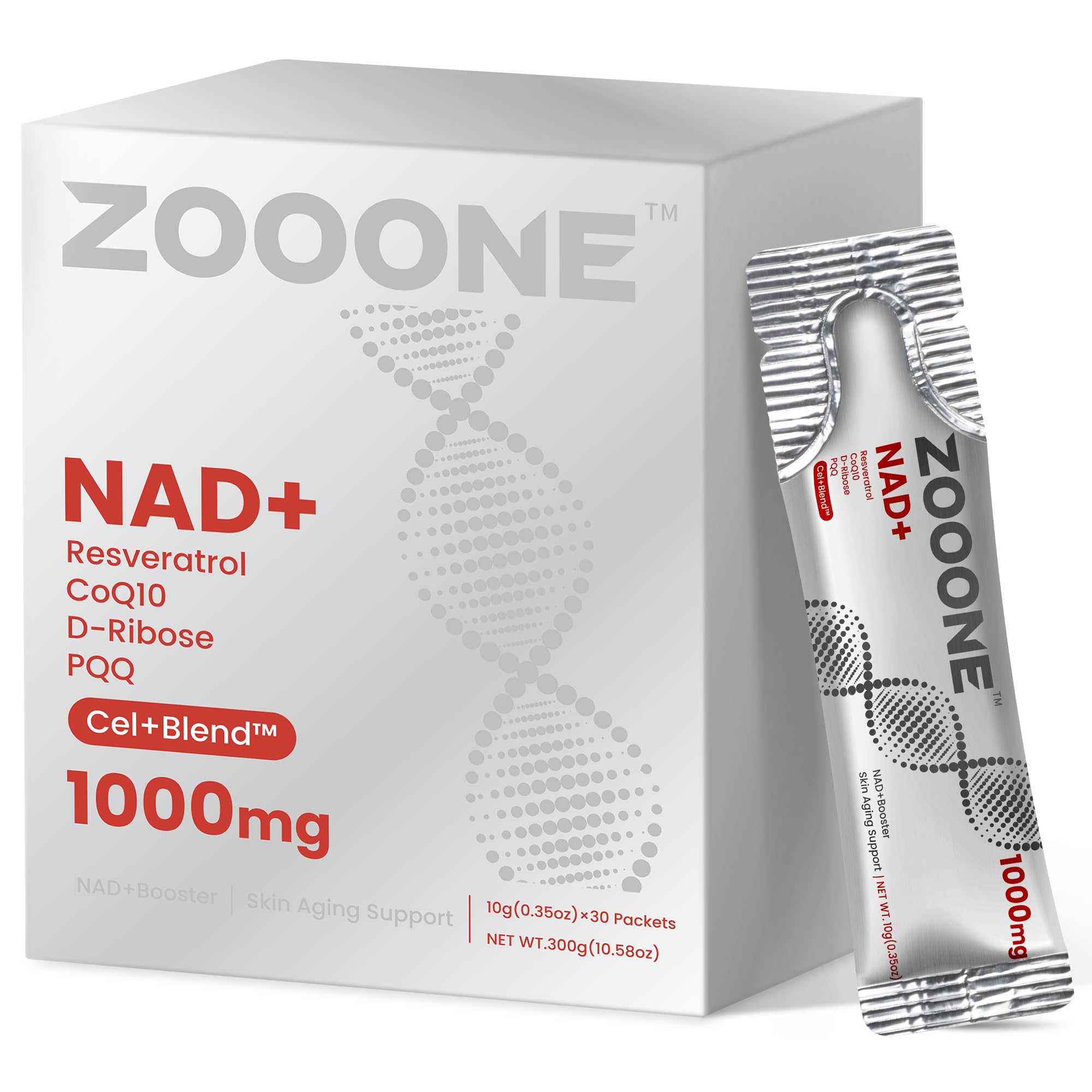 Zooone NAD+ berry liquid packet dissolving in water for easy daily energy.