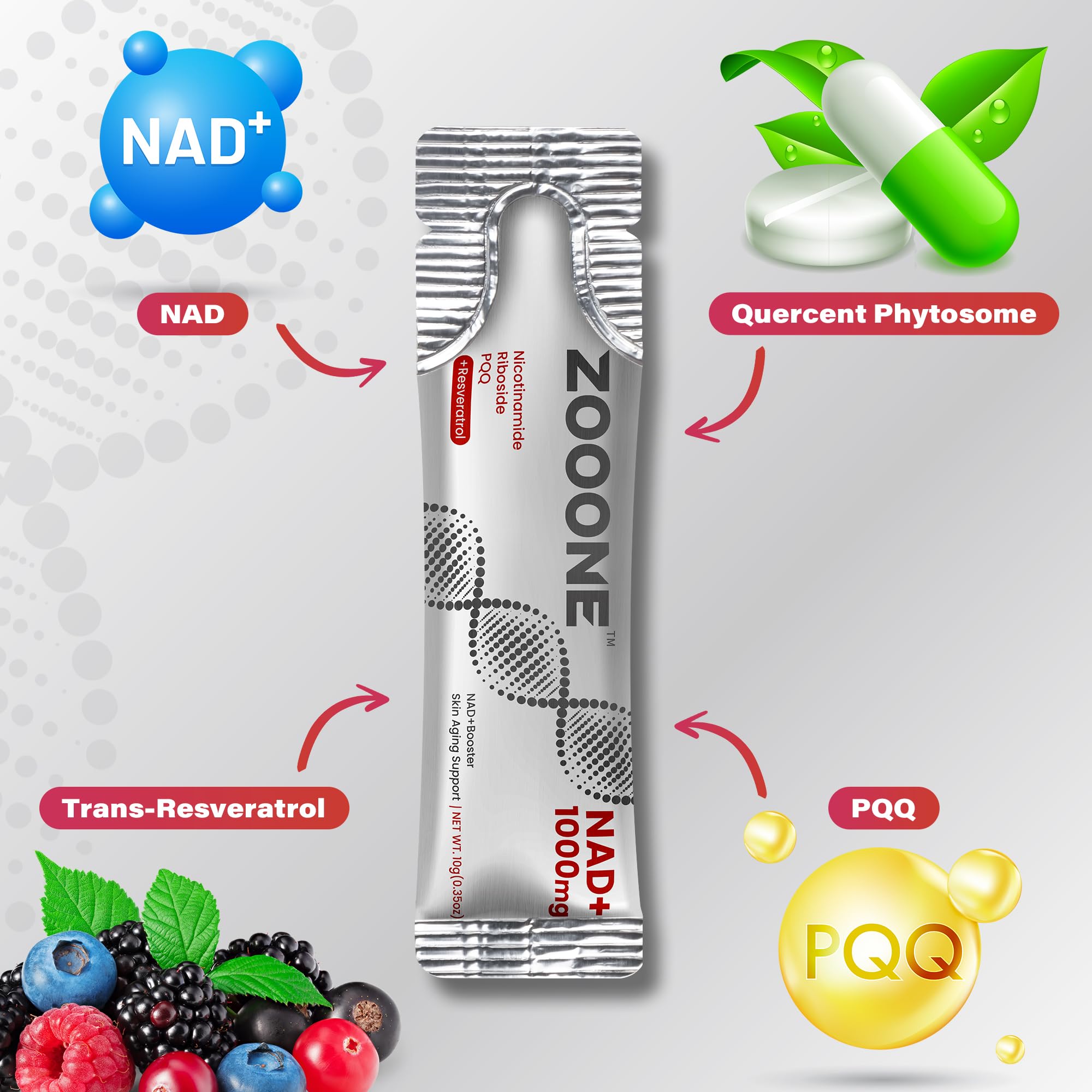 Zooone NAD+ on-the-go packet for convenient daily wellness during workouts.