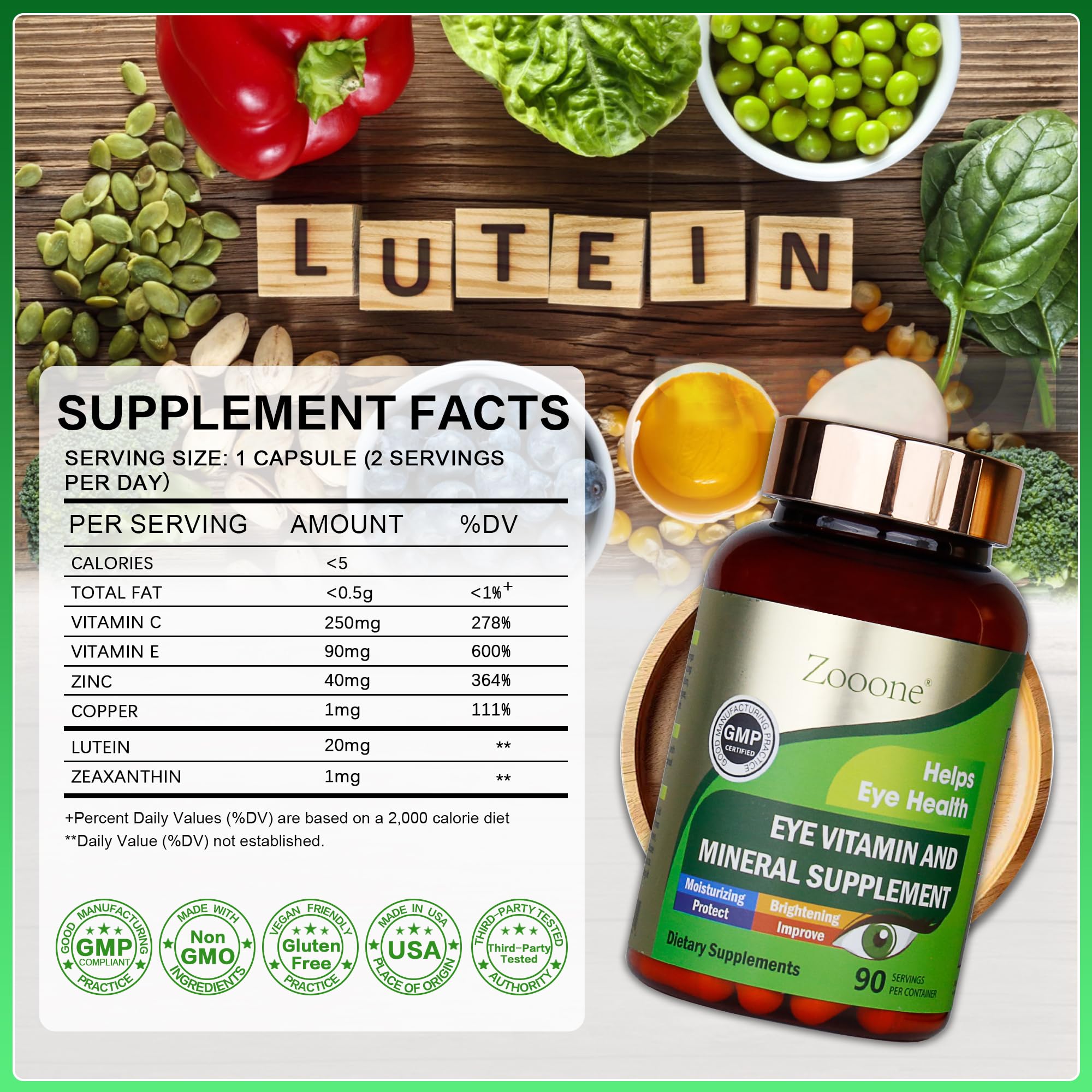 Zooone supplement facts panel highlighting lutein, zeaxanthin and minerals.