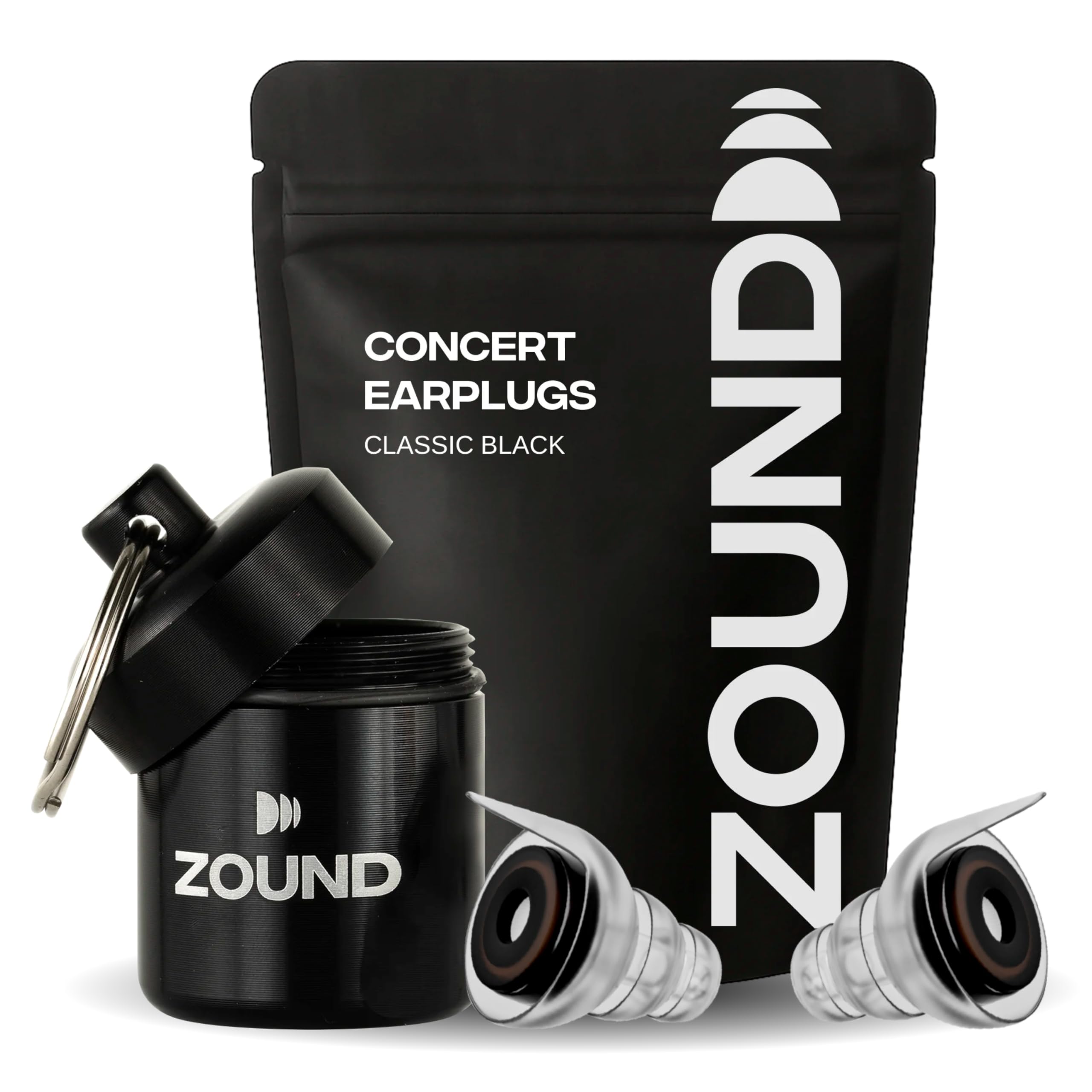 Zound high fidelity earplugs in concert case showing discreet protection and crisp sound