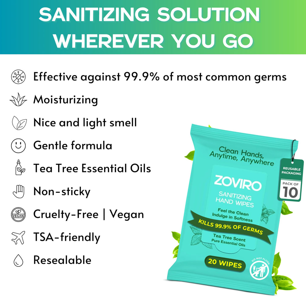 Zoviro wipes with tea tree scent provide refreshing aroma and skin hydration.