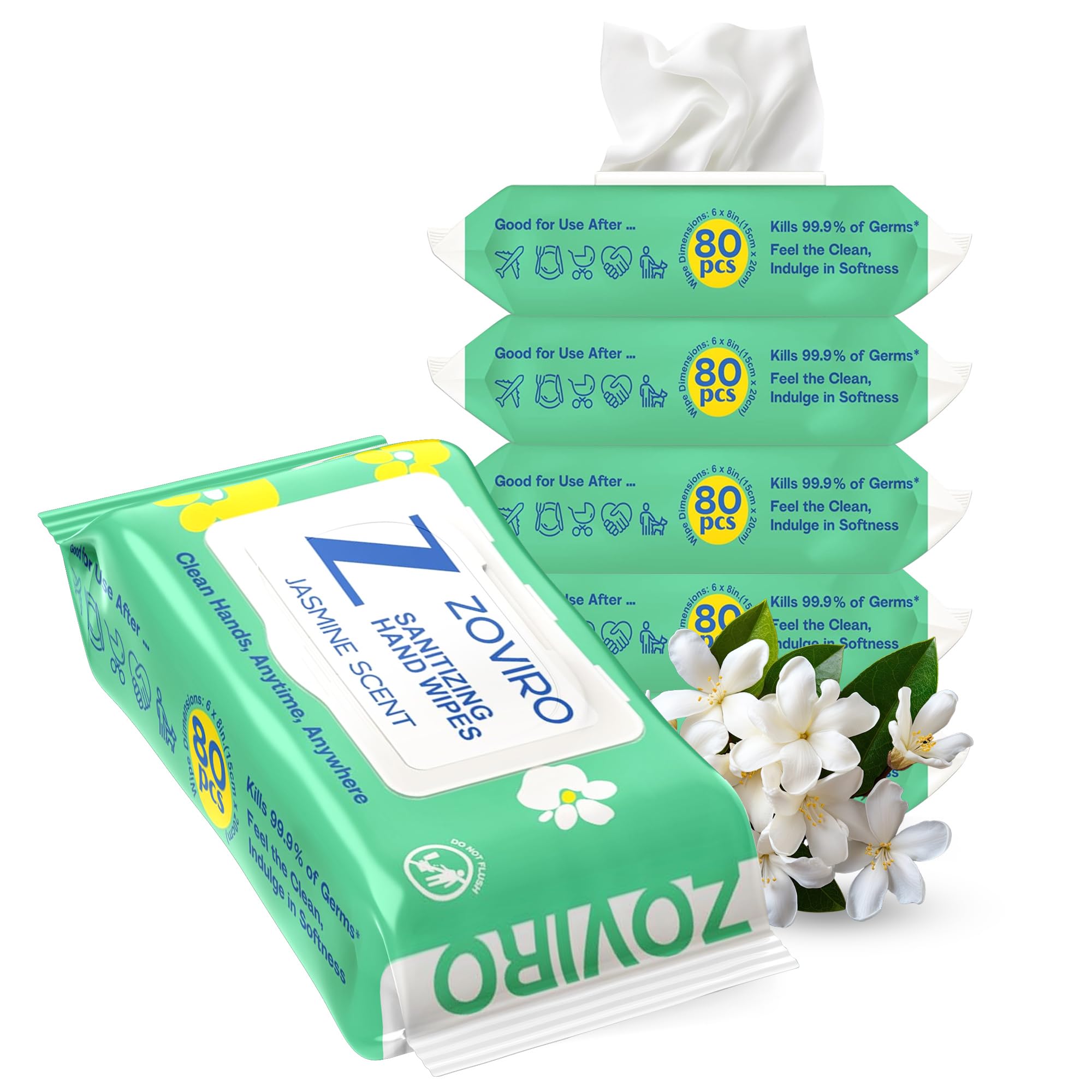 Zoviro jasmine aroma soothing wipes for a calming cleansing moment.