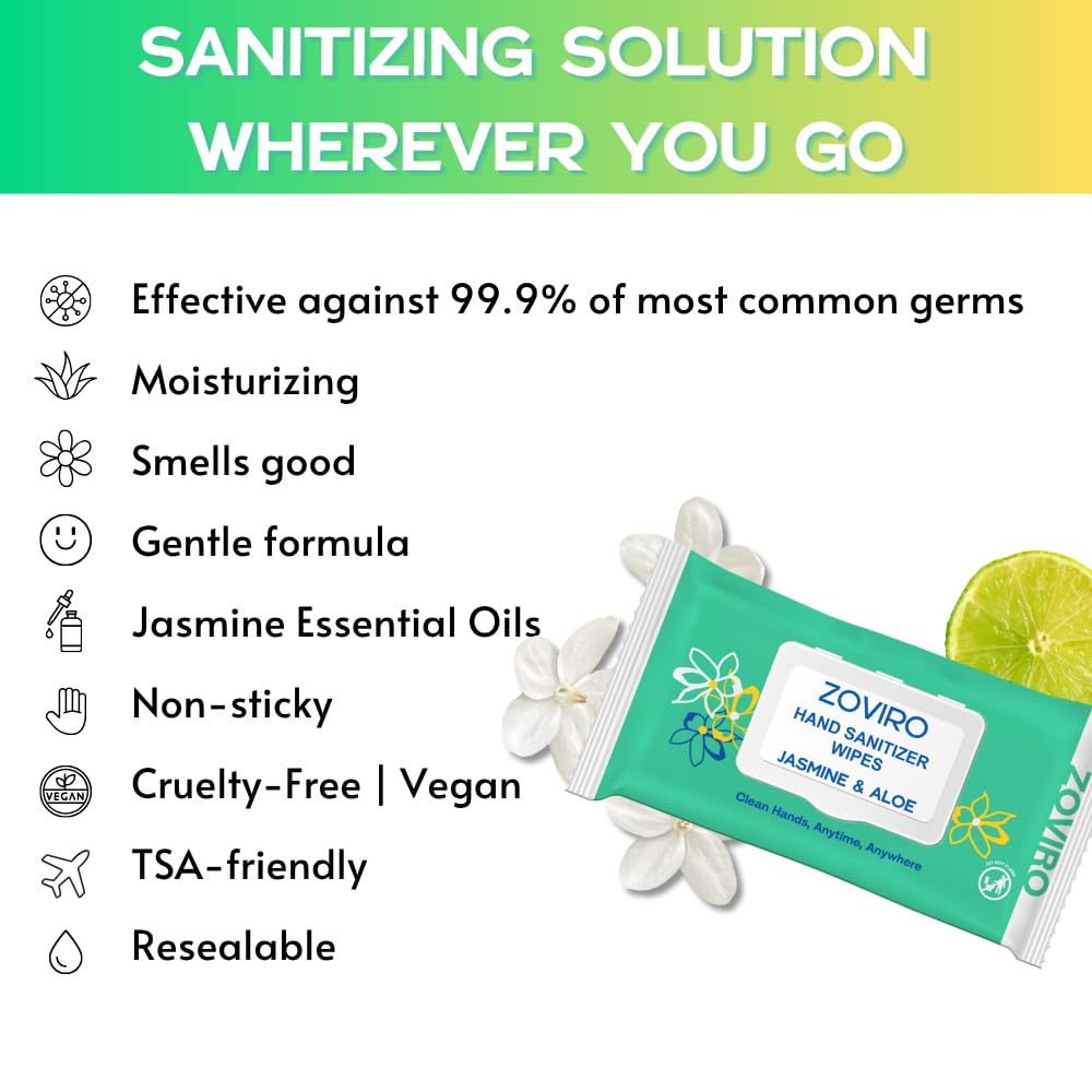 Zoviro jasmine-scented wipes with refreshing aroma for calmer hand cleansing sessions.