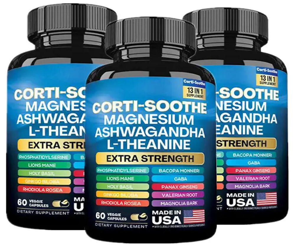 Zoyava Corti-Soothe icons show magnesium, adaptogens, and brain-supporting blends