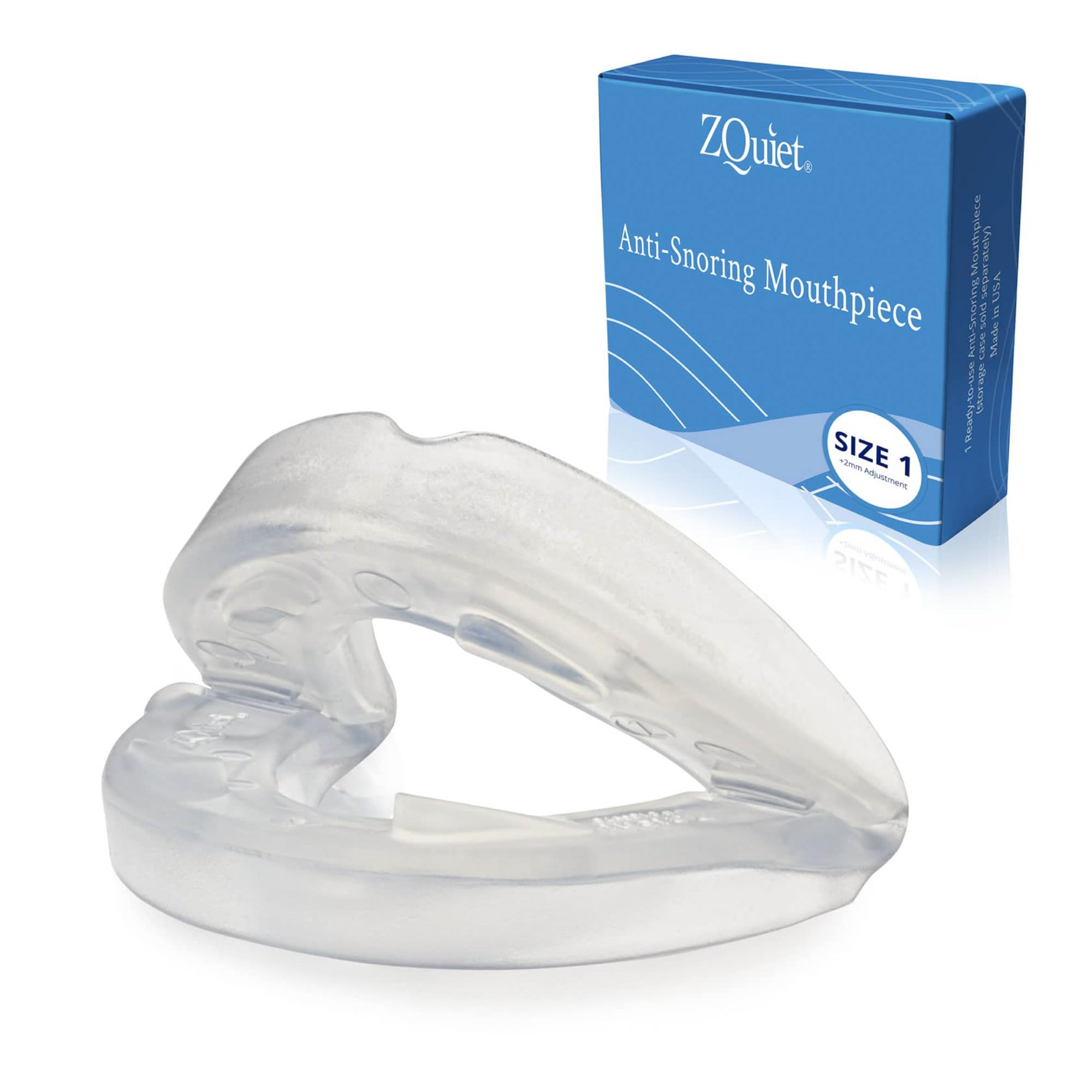 ZQuiet anti-snoring mouthpiece front view shows compact comfort for restful nights.