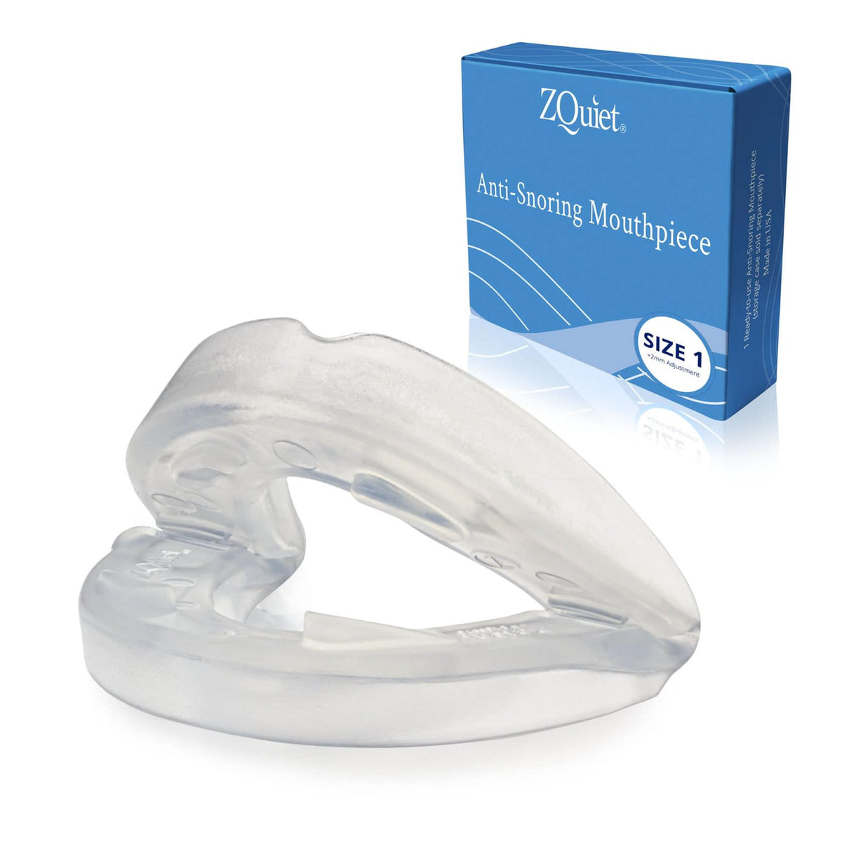ZQuiet anti-snoring mouthpiece front view shows compact comfort for restful nights.