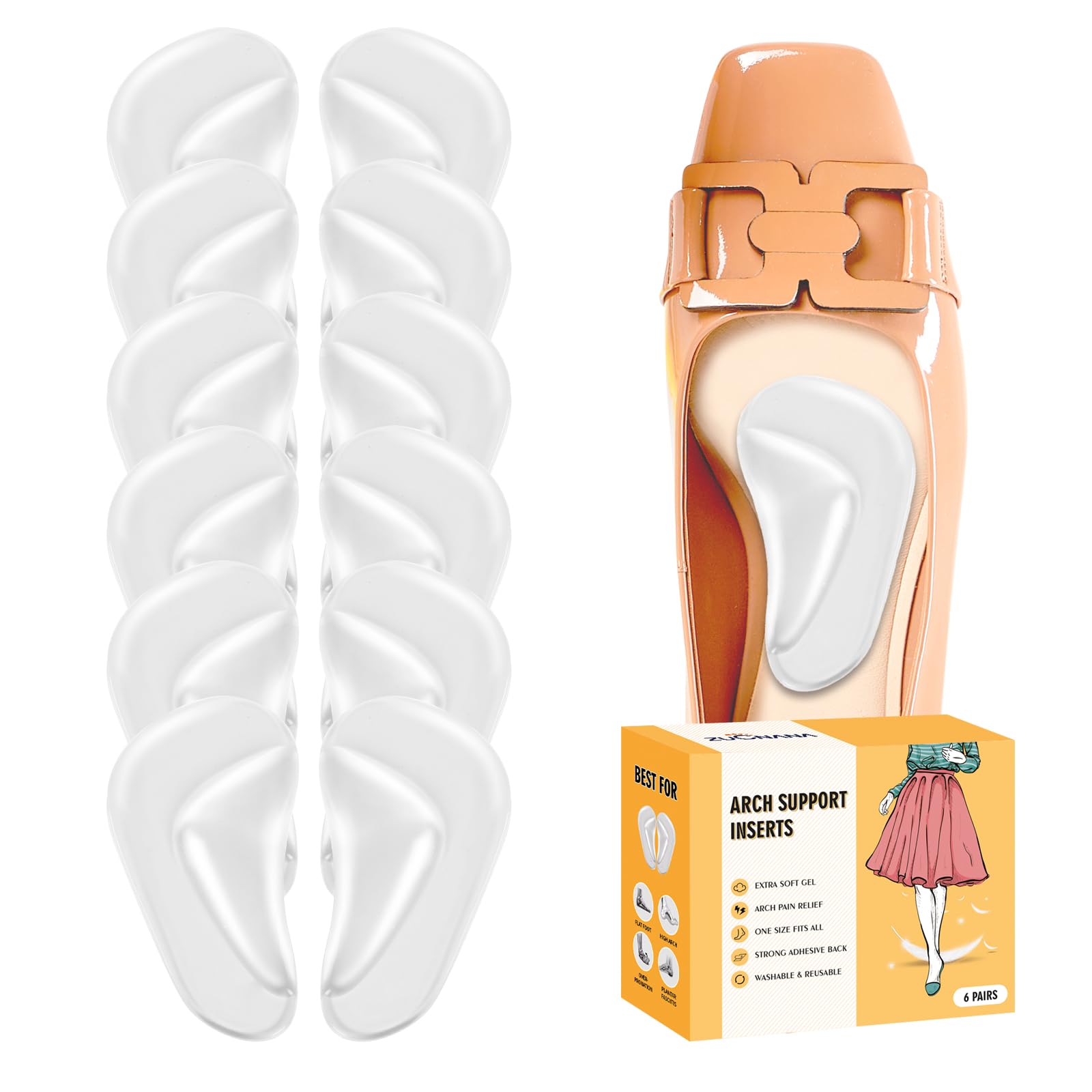 ZUCNANA arch support inserts placed inside a shoe for arch alignment and comfort.