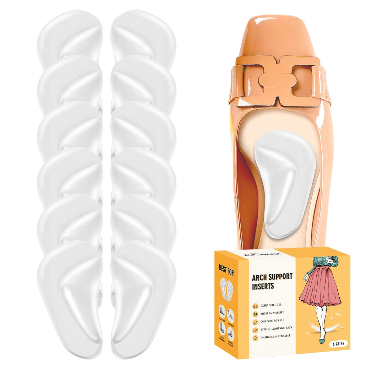 ZUCNANA arch support inserts placed inside a shoe for arch alignment and comfort.