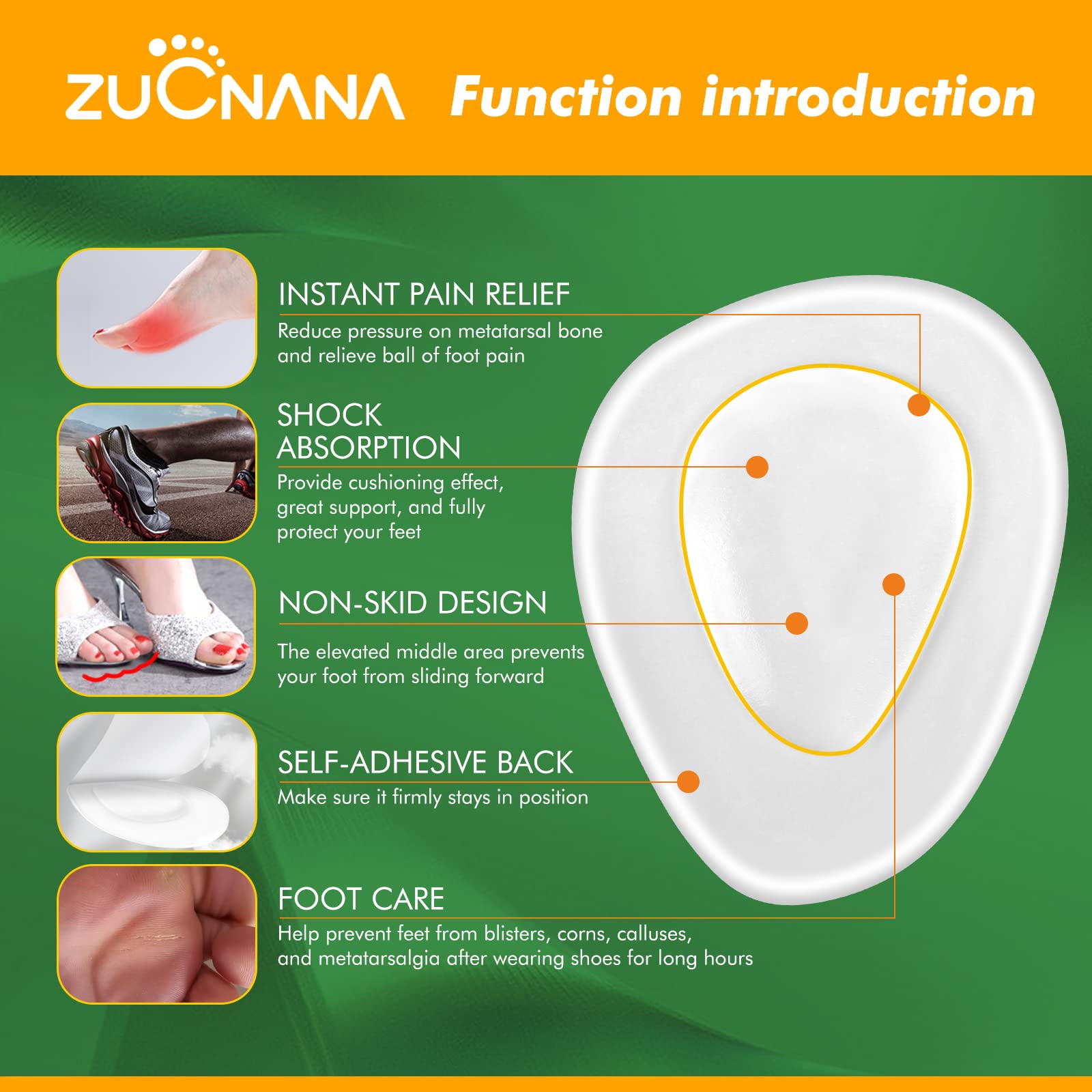ZUCNANA ball-of-foot cushions with soft gel for shock absorption.