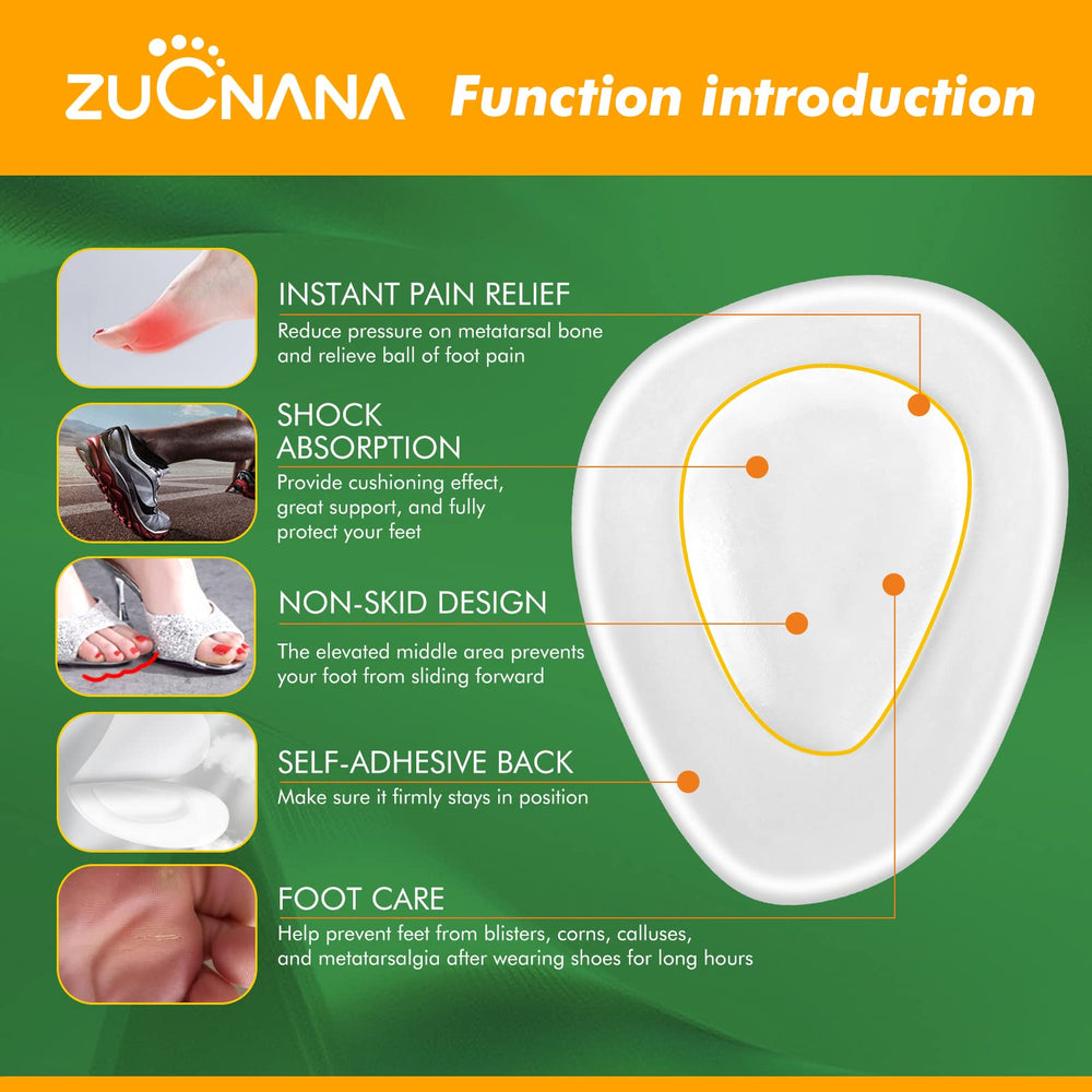 ZUCNANA ball-of-foot cushions with soft gel for shock absorption.
