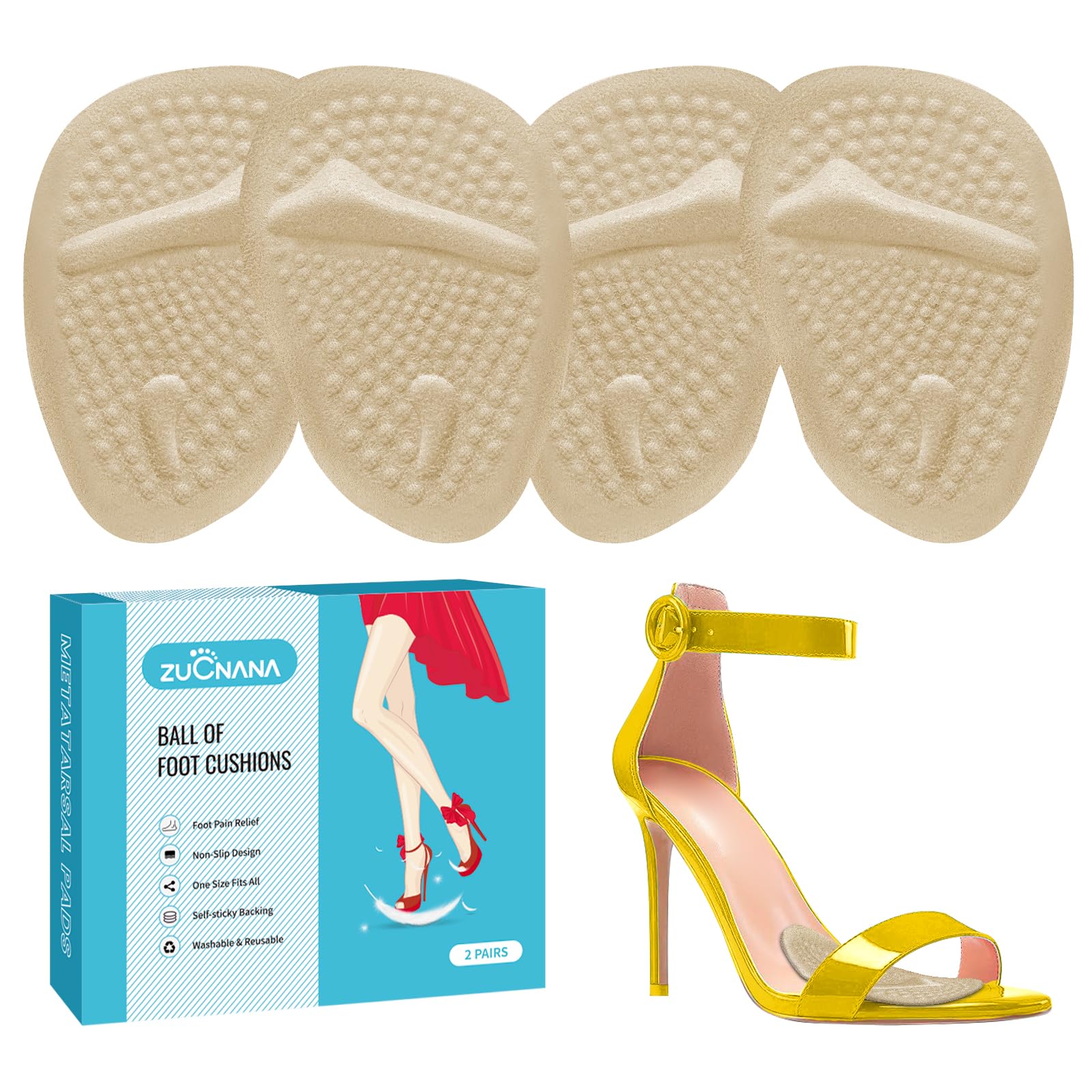 ZUCNANA ball-of-foot cushions in soft gel for all-day comfort in heels.