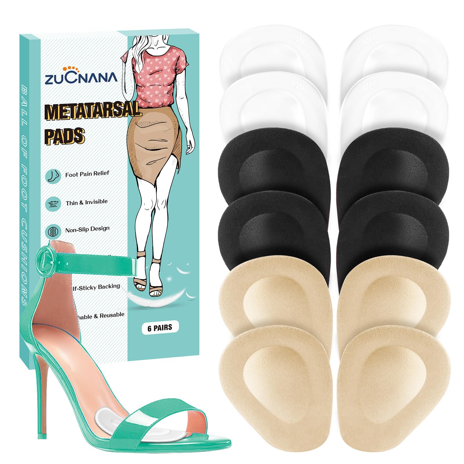 ZUCNANA metatarsal pads for women deliver targeted comfort in high heels.