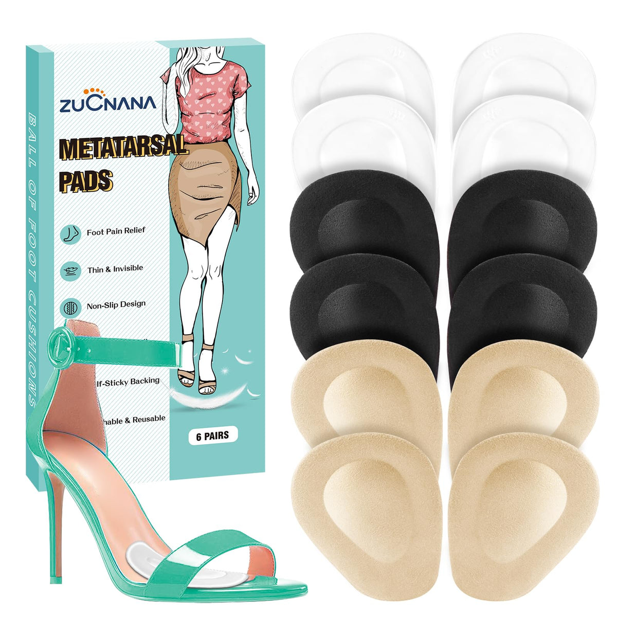ZUCNANA metatarsal pads for women deliver targeted comfort in high heels.