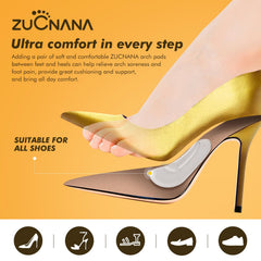 ZUCNANA one-size-fits-all arch supports fit heels, flats, sandals, and sneakers.
