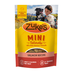 Zuke’s Mini Naturals Salmon-Cherries treats in a 16 oz bag for on-the-go rewards.