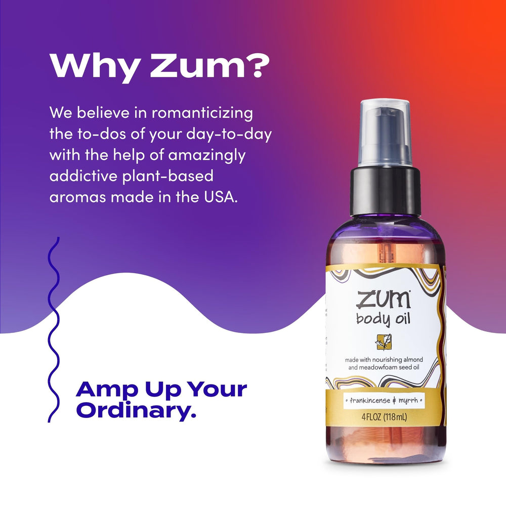 Zum Indigo Wild body oil massage scene suggests hydrating, soothing skin after a long day.