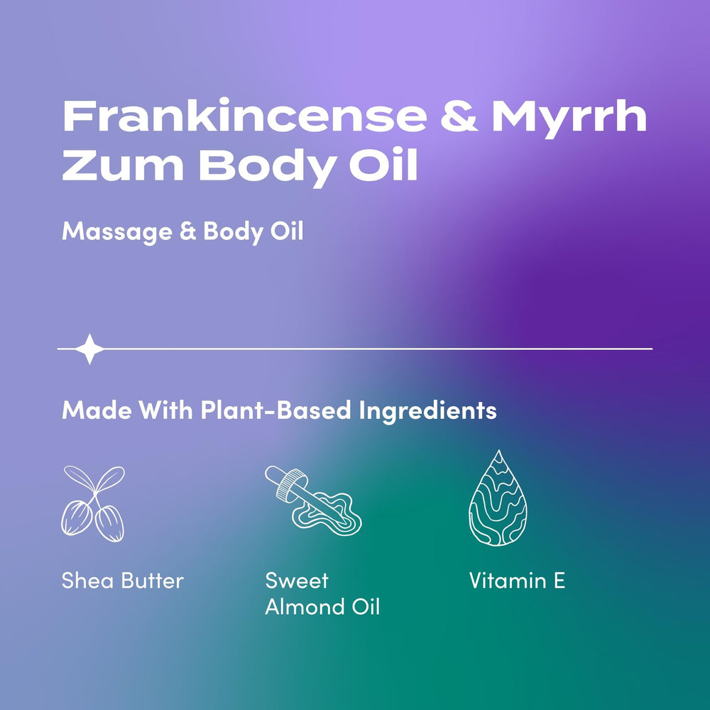 Zum Indigo Wild Frankincense & Myrrh body oil pour demonstrates quick absorption for a relaxing massage.
