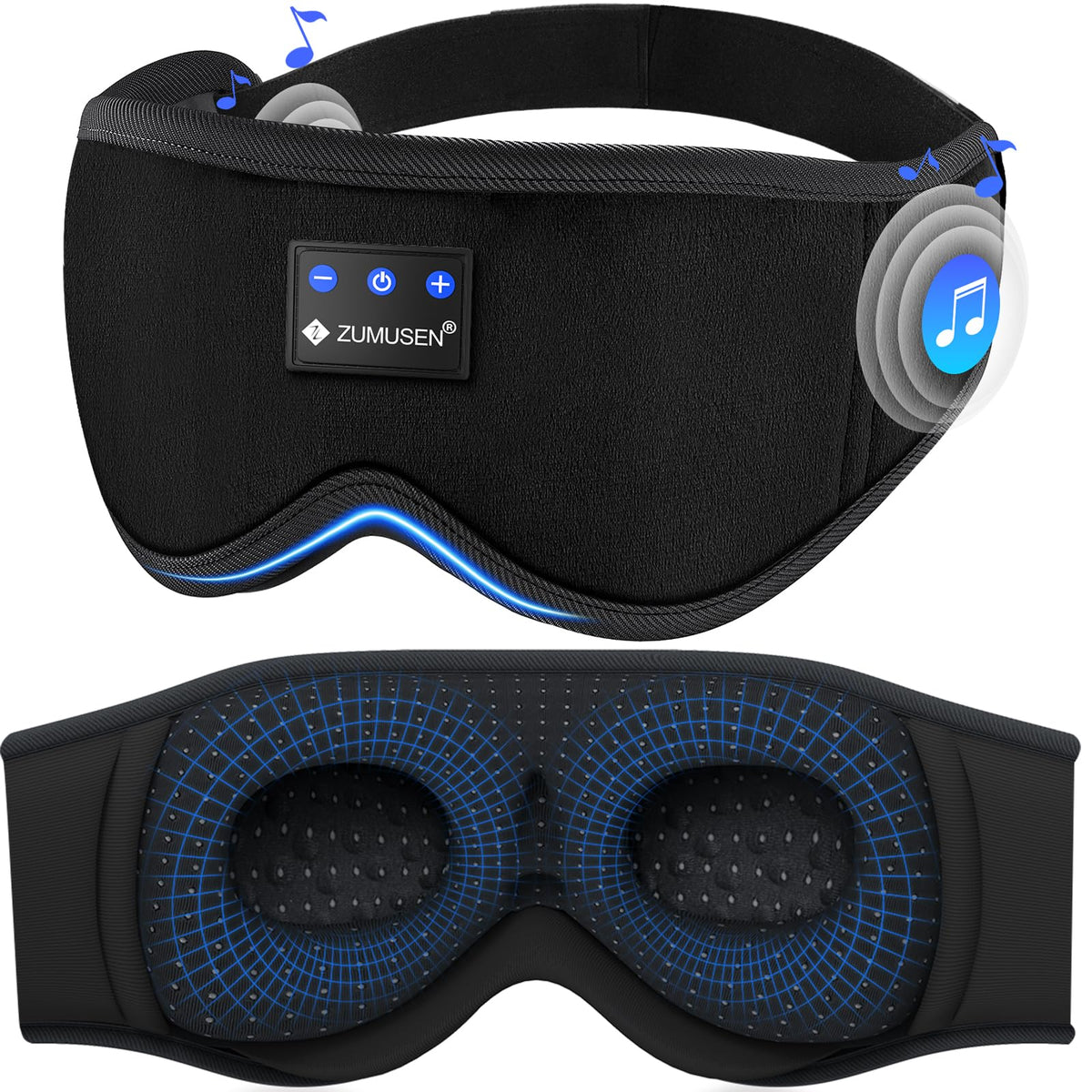 ZUMUSEN BT sleep headphones mask worn on the face for immersive night audio.