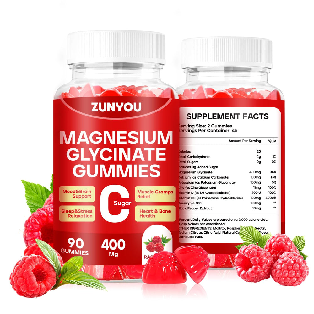 ZUNYOU Magnesium Glycinate Gummies bottle highlights sleep and calm benefits.