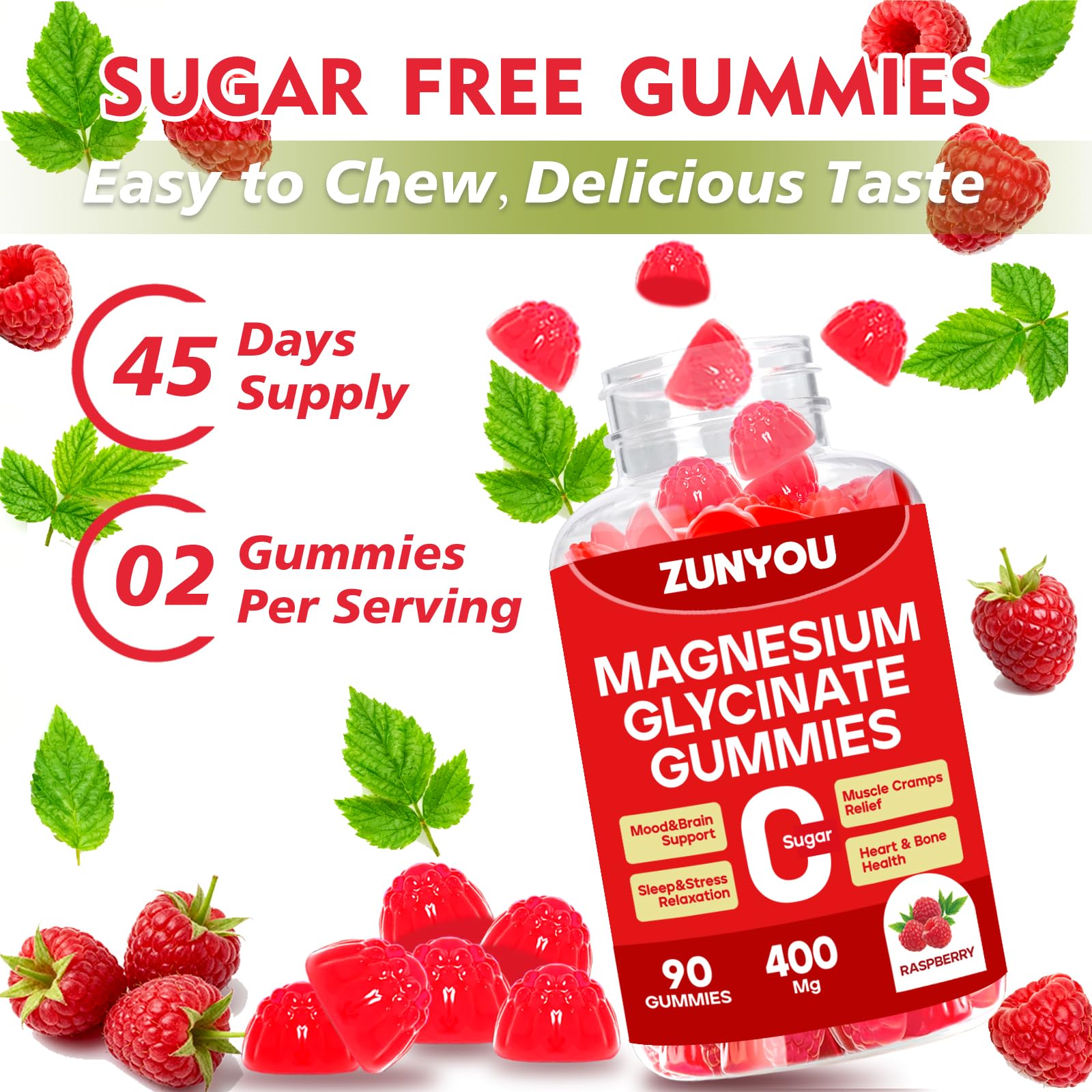 ZUNYOU raspberries beside bottle emphasize natural flavor and sugar-free format.