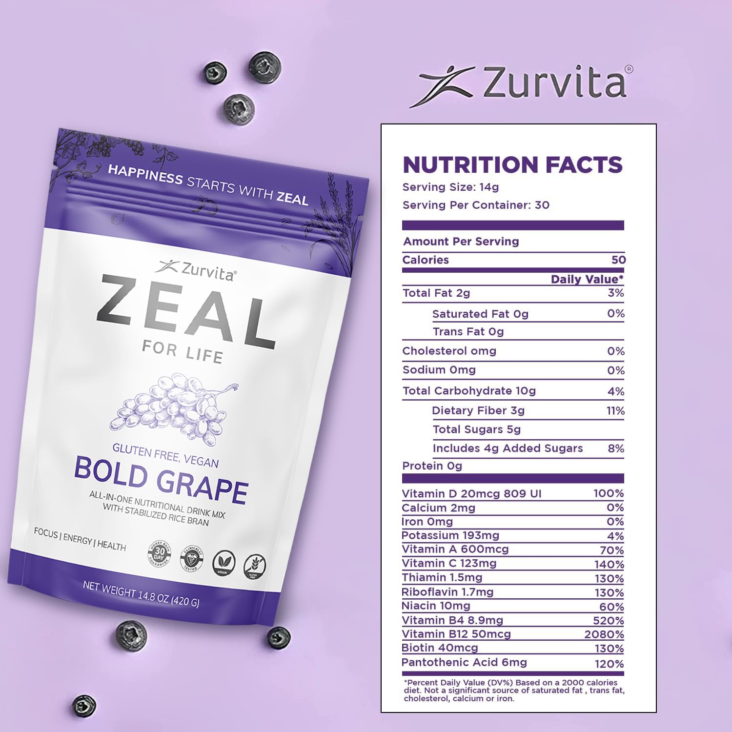 Zurvita Zeal for Life Bold Grape powder dissolving in water for quick nourishment.