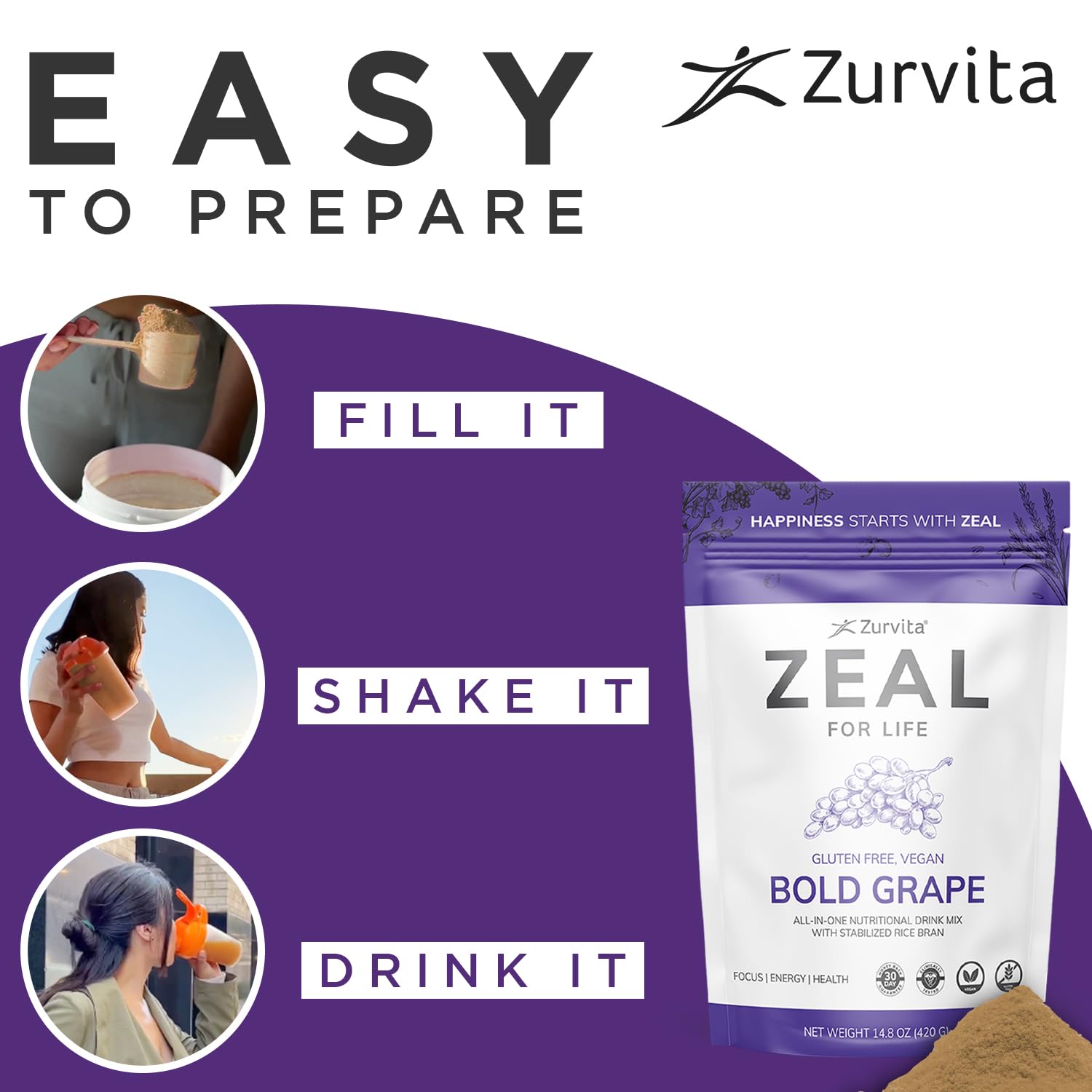 Zurvita Zeal for Life Bold Grape scoop in measuring cup.