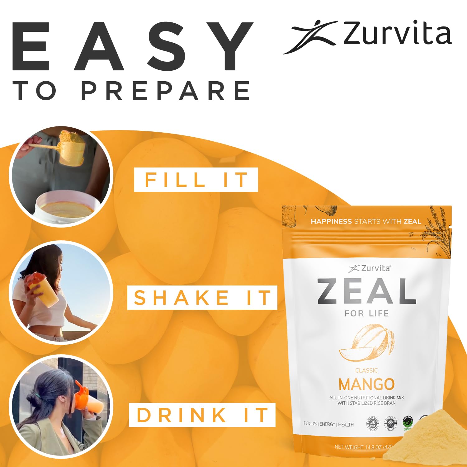Active user enjoys Zurvita Zeal for Life mango drink during workout