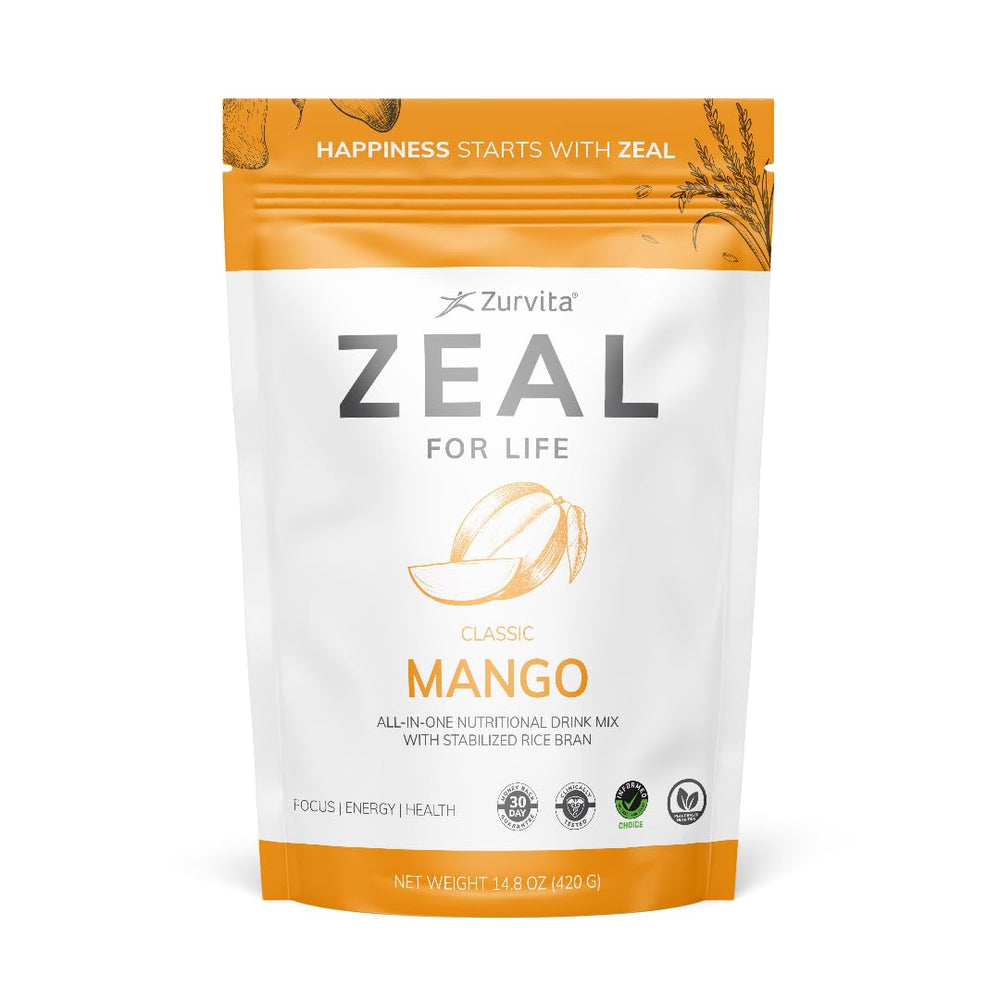 Zurvita Zeal for Life mango bottle offers gluten-free vegan wellness support