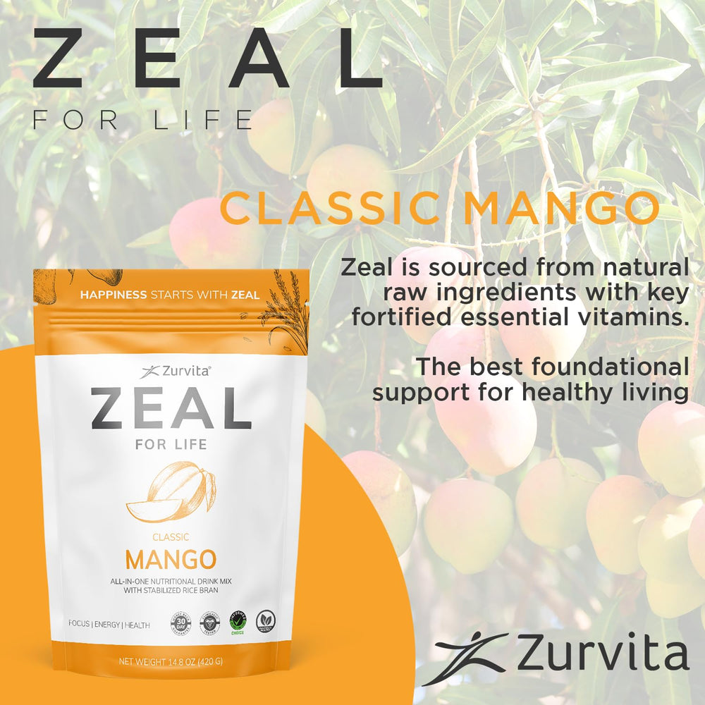 Close-up of Zurvita Zeal for Life mango label highlighting vitamins