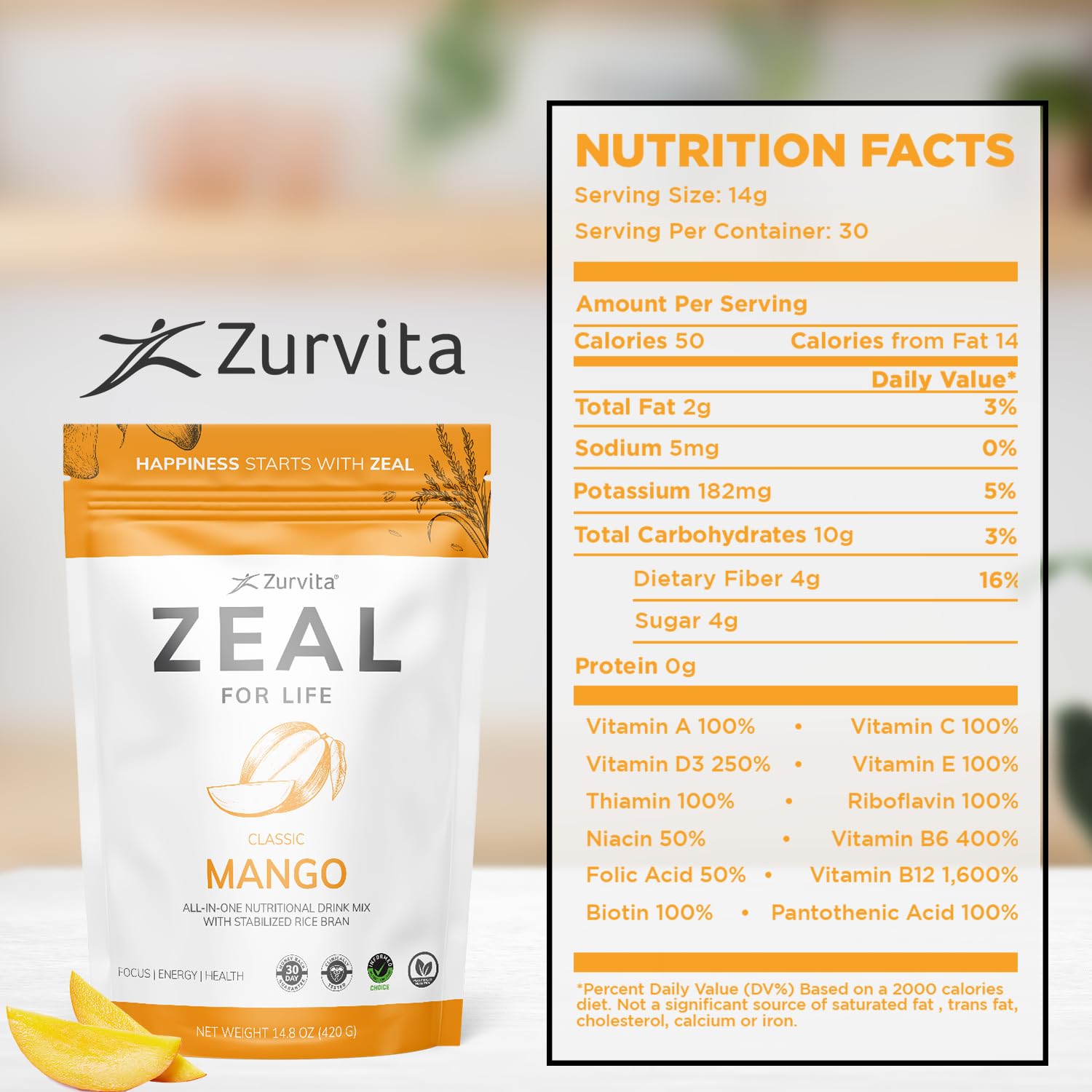 Scoop of Zurvita Zeal for Life mango powder ready to mix for energy