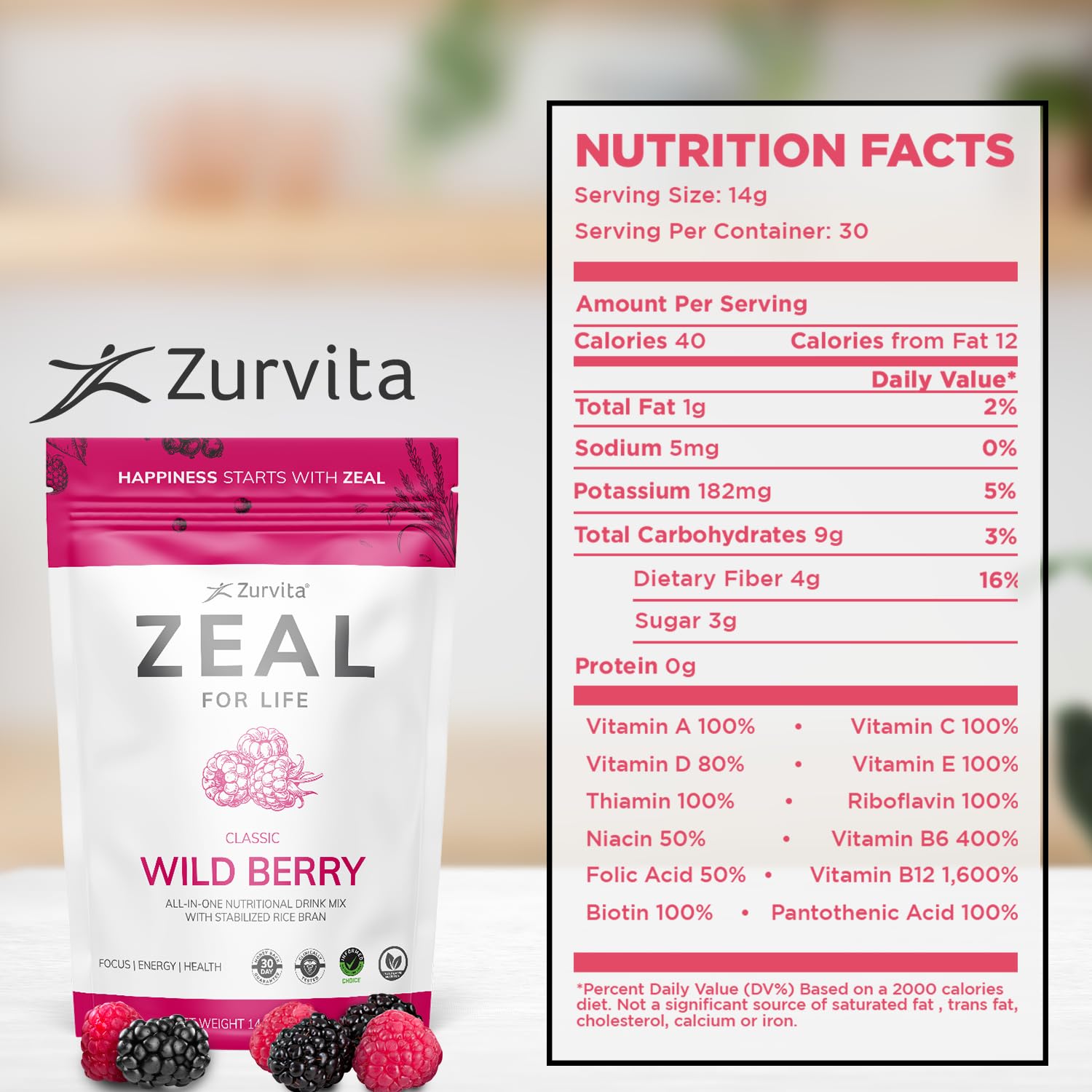 Zurvita Zeal for Life Wild Berry 420 g bag ready for daily use.