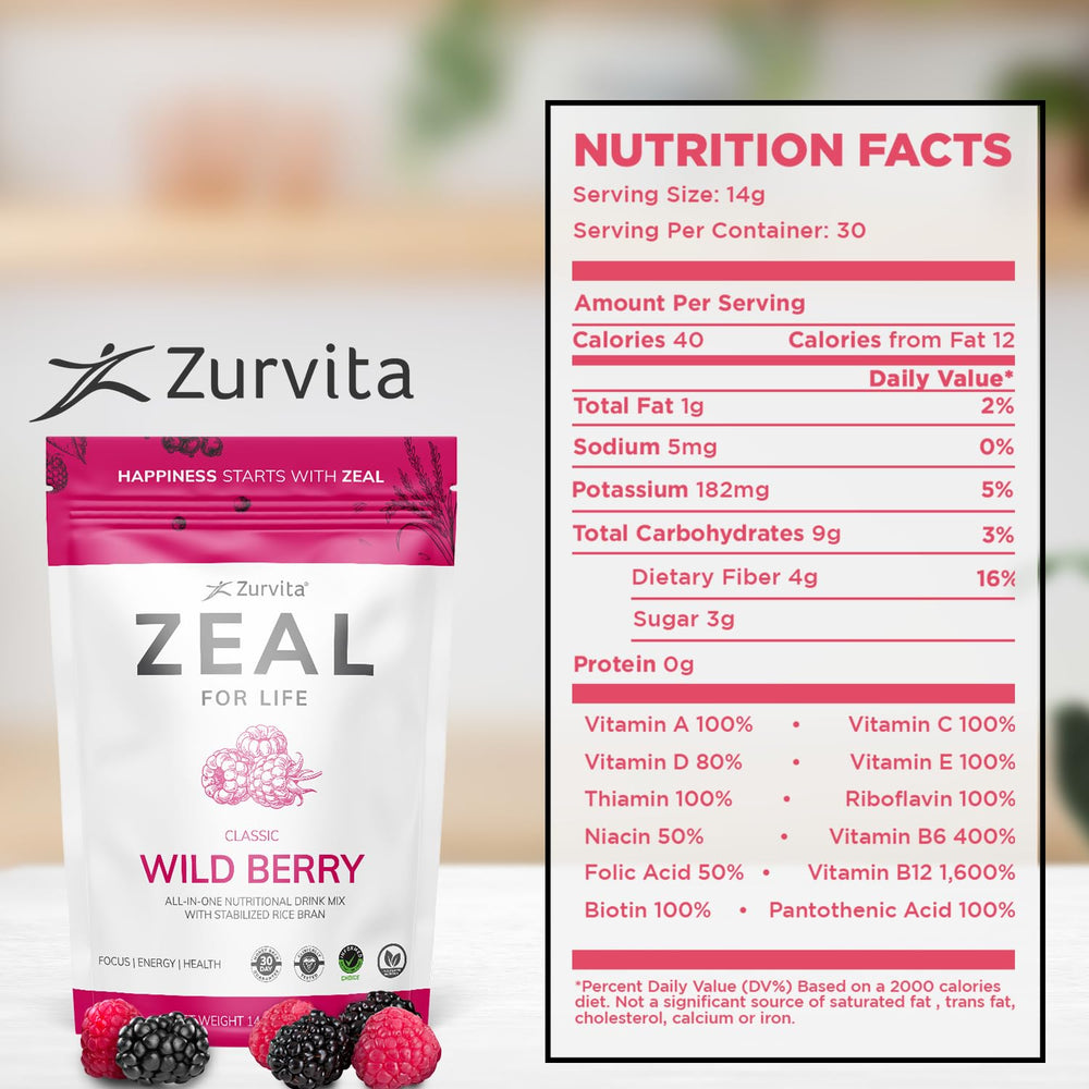 Zurvita Zeal for Life Wild Berry 420 g bag ready for daily use.
