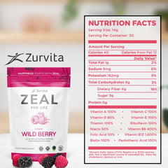 Zurvita Zeal for Life Wild Berry 420 g bag ready for daily use.