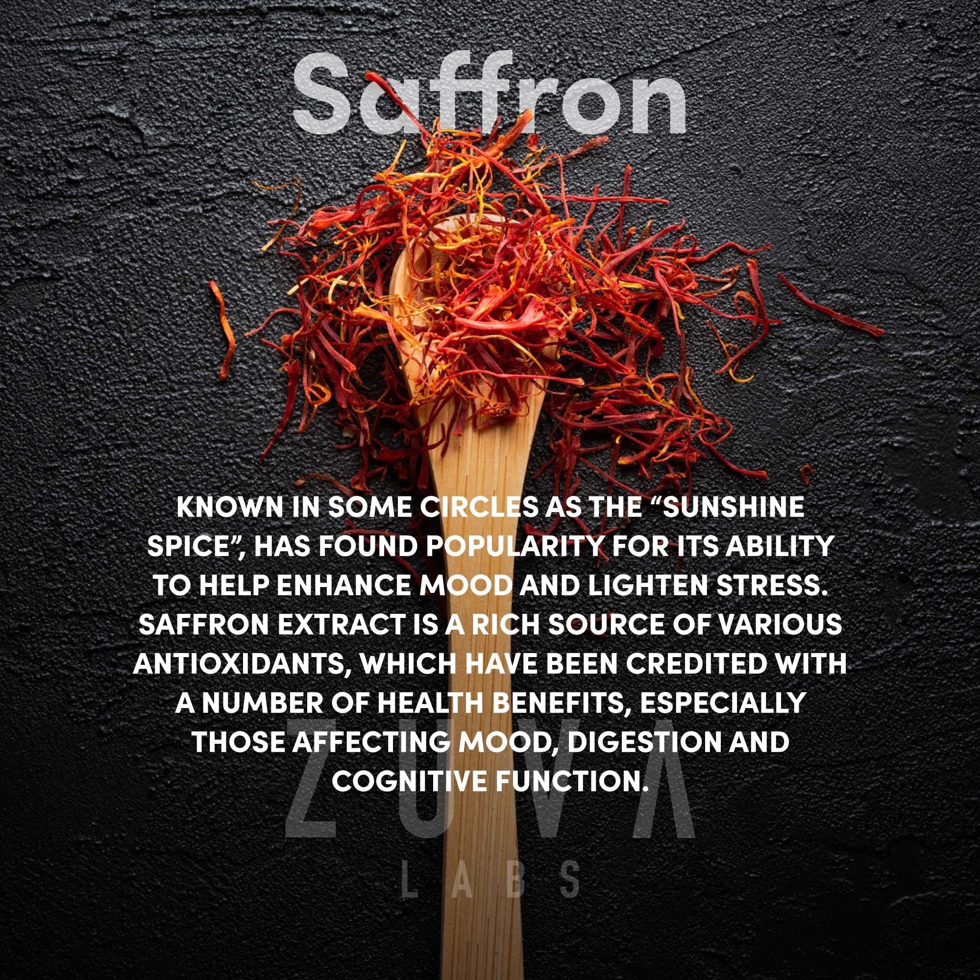 ZuvaLabs Ultra6 saffron capsules label with vegan, non-GMO ingredients.