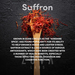 ZuvaLabs Ultra6 saffron capsules label with vegan, non-GMO ingredients.
