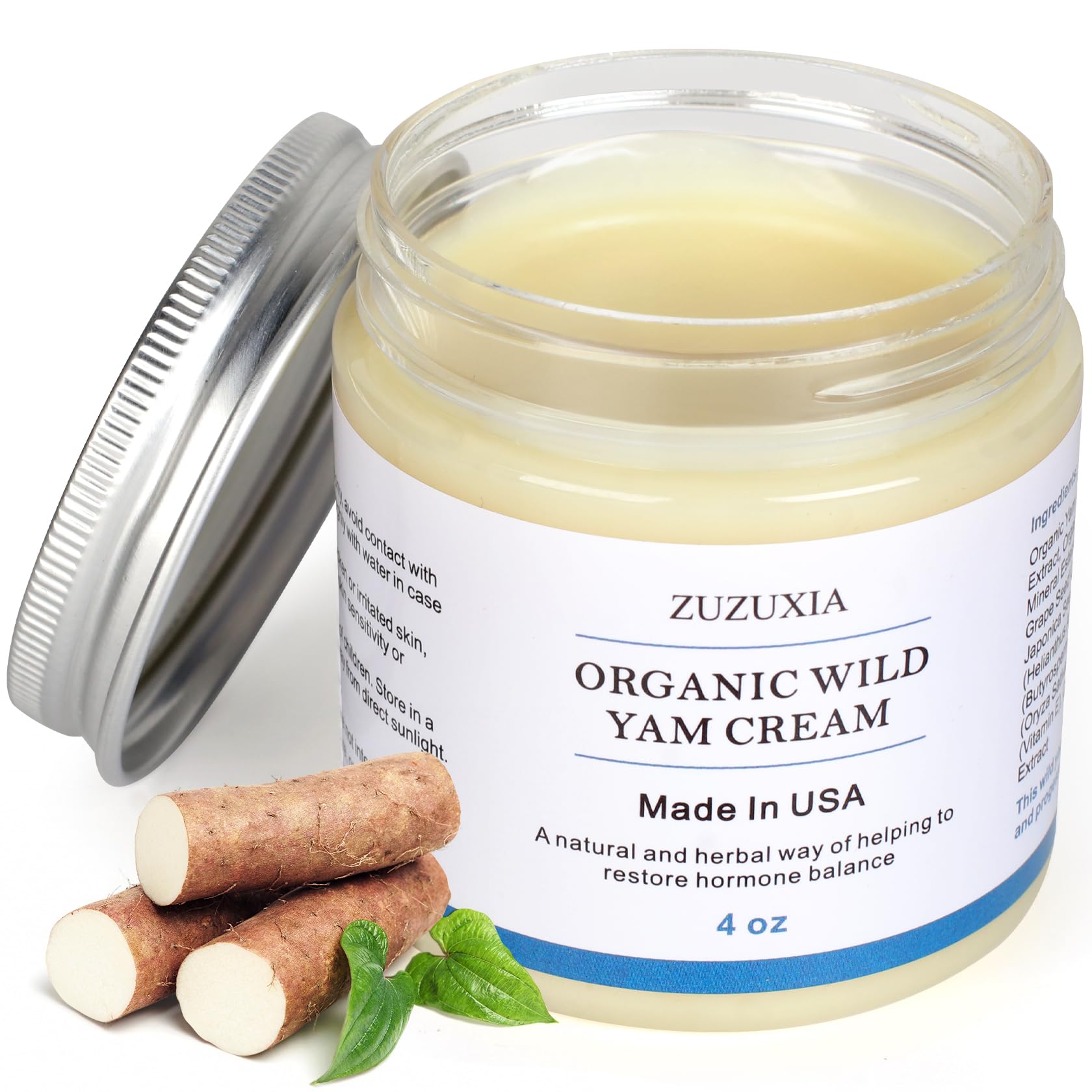 Zuzuxia Wild Yam Cream bottle highlights unscented balance for daily skin support.
